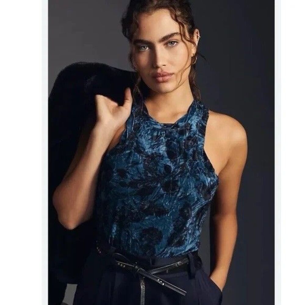 NWT Anthropologie Pilcro XS Velvet Racerback Tank Blue Floral Whimsigoth Witchy - Picture 2 of 13